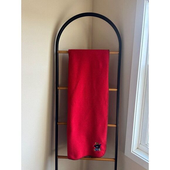 Lauren Ralph Lauren Embroidered Polo Bear Throw Blanket Red Fleece Whipstitch - Picture 6 of 6